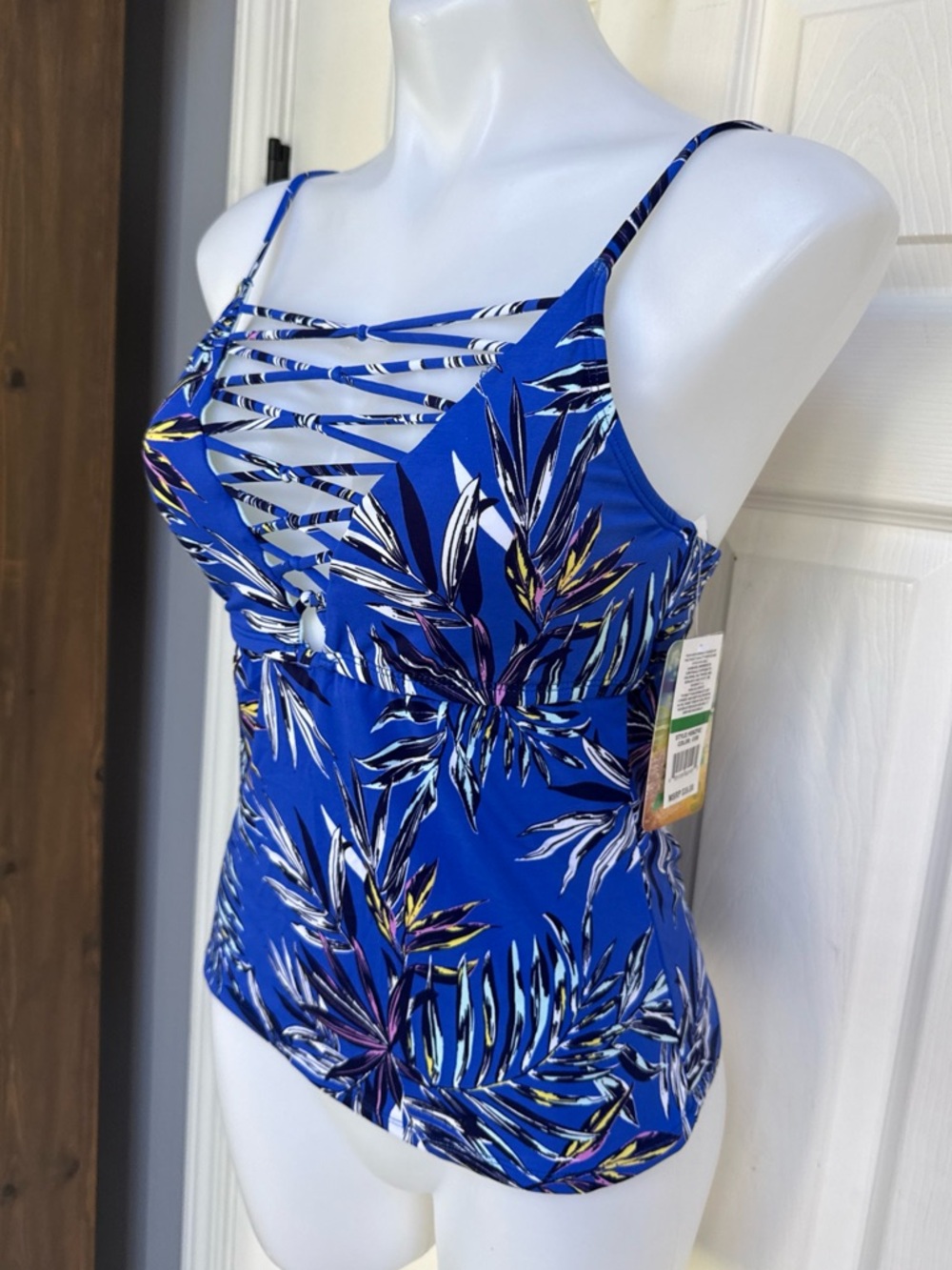 HOBIE Floral Sexy Strappy Spaghetti Strap Halter Blue Tankini Top NEW $38 sz L